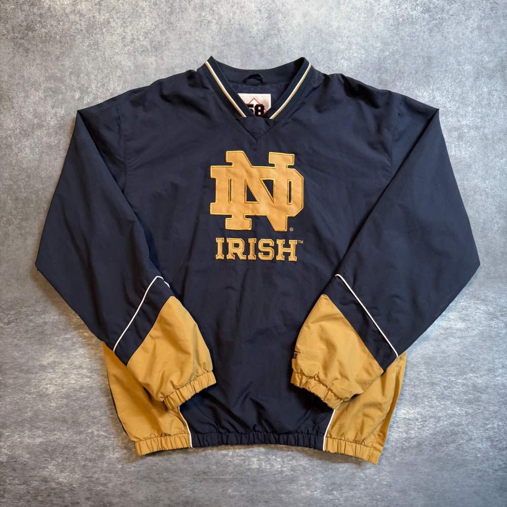 Vintage Notre Dame Fighting Irish V-Neck Windbreaker‎ Pullover Mens Navy Gold XL